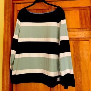 Navy, mint stripe top, long sleeves,mid-hip length.